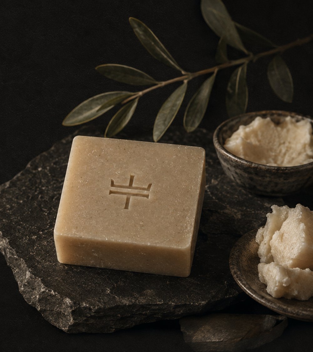 A THINE tallow soap bar on a stone slab beside olive leaves and raw butters.